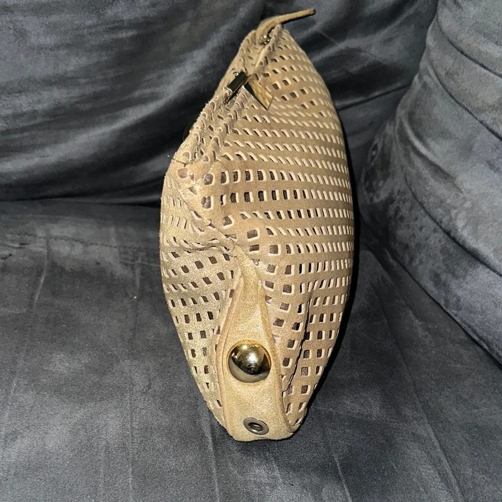 Jimmy Choo Gold Shimmer Perforated Suede Clutch with Gold Hardware